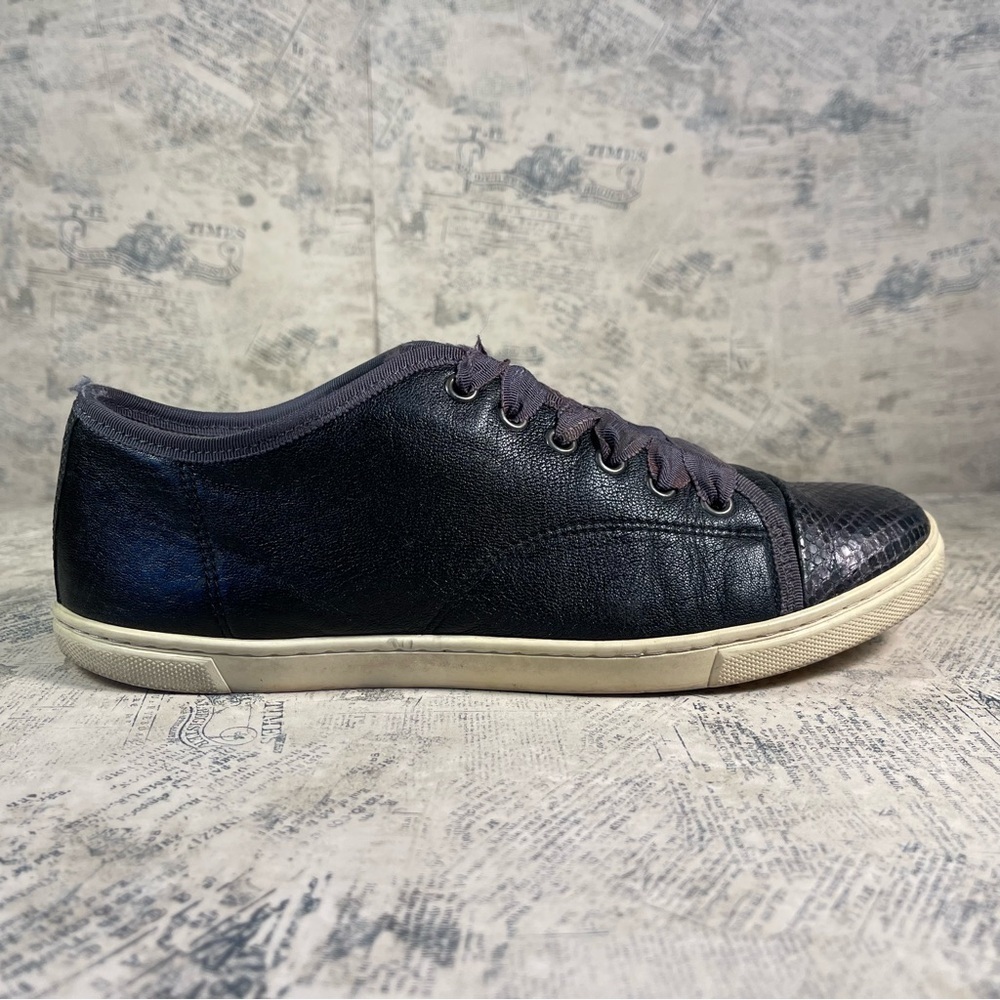 Lanvin Black Leather and Snakeskin Cap Toe Low Top Sneakers